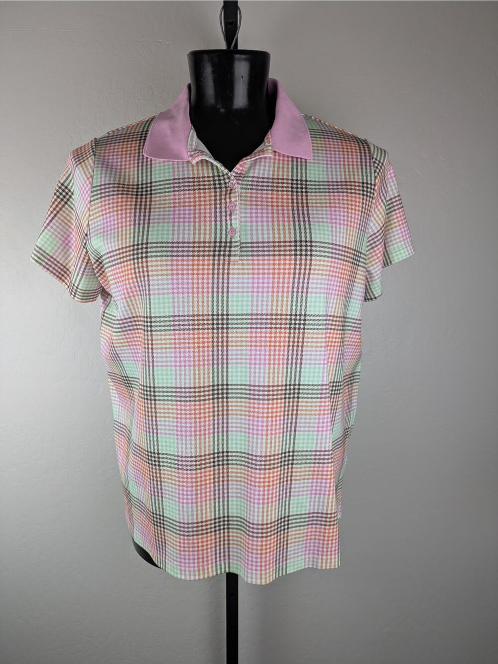 Lands' End size 2X Short Sleeve Cotton Polo Shirt colorful plaid pink collar